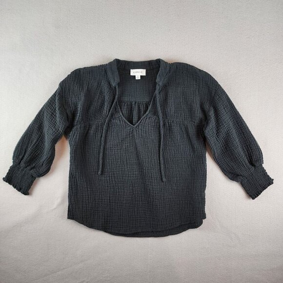 Evereve Eleanor Smocked Cotton Gauze Top 3/4 Sleeve Tie Neck Keyhole Black sz XS - Picture 9 of 9